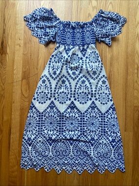 Smocked Off-Shoulder Blue & White Midi Dress